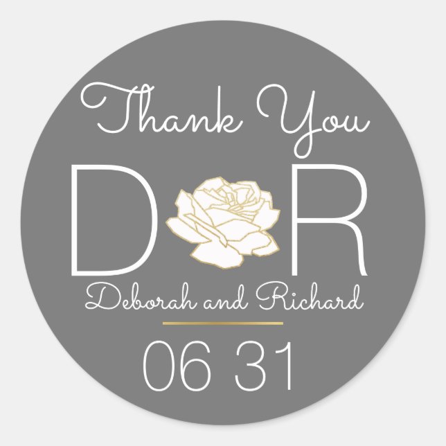 Danke . Rose Blume . graue Gastgeschenk Hochzeit Runder Aufkleber (Vorderseite)