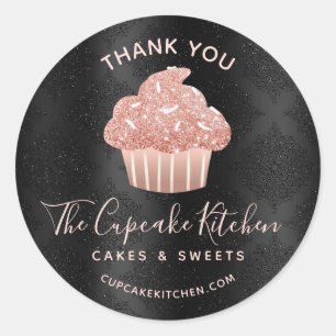 Danke Rose Gold Cupcake Bäckerei Schwarz Damast  Runder Aufkleber