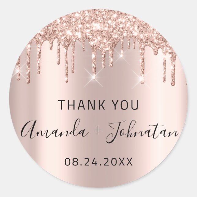 Danke Rosen Gold Name Save the Date Black Tropfens Runder Aufkleber (Vorderseite)
