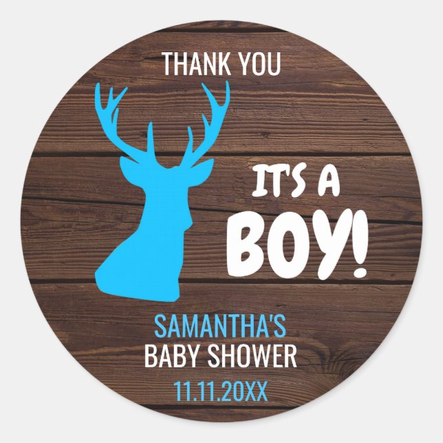 Danke Rustic Buck Deer Boy Theme Baby Dusche Runder Aufkleber (Vorderseite)