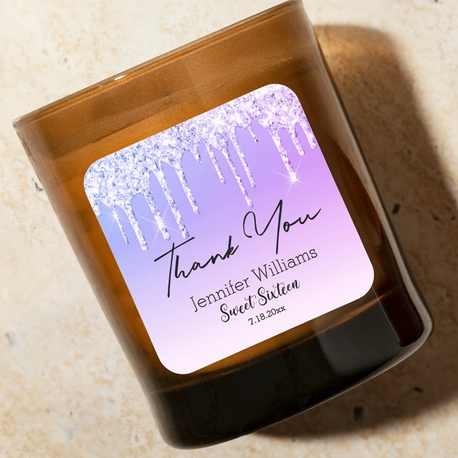 Danke schön 16 lila tropfende Glitzer chic Quadratischer Aufkleber (Von Creator hochgeladen)