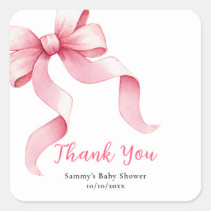 Danke-Schön-Rosa-Coquette-Bogen-Baby-Party Quadratischer Aufkleber