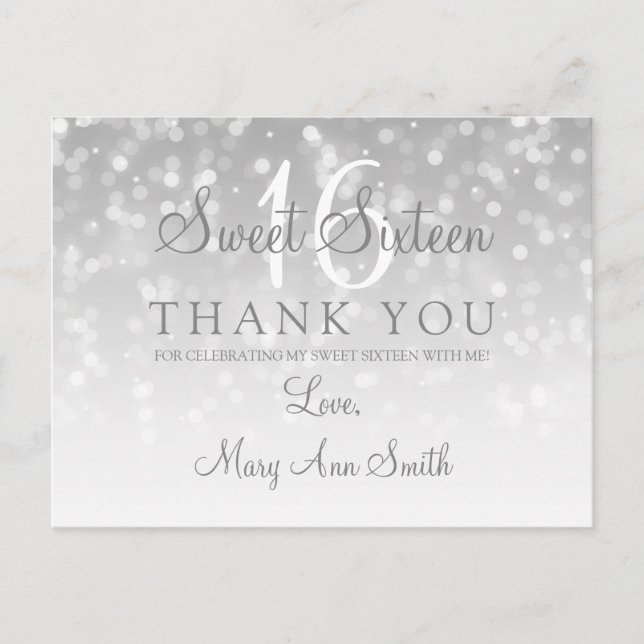 Danke Sweet 16 Silver Bokeh Sparkle Lights Postkarte (Vorderseite)