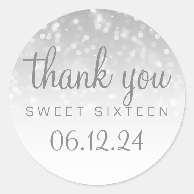 Danke Sweet 16 Silver Bokeh Sparkle Lights Runder Aufkleber (Vorderseite)