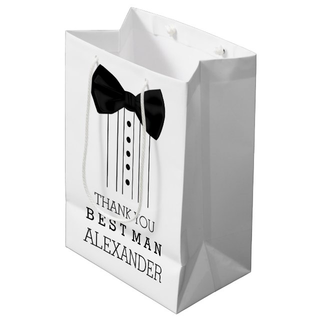 Danke Trauzeuge-Schwarz-Bogen-Krawattetuxedo-Shirt Mittlere Geschenktüte (Vorderseite Schrägansicht)