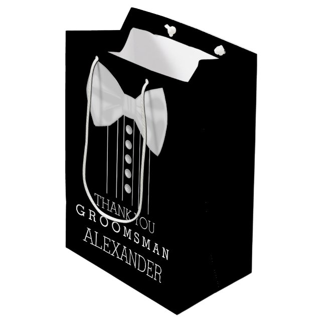 Danke Trauzeuge-weißes Bogen-Krawattetuxedo-Shirt Mittlere Geschenktüte (Vorderseite Schrägansicht)