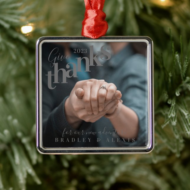 Danke Verlobtes Foto Grau Ornament Aus Metall (Baum)