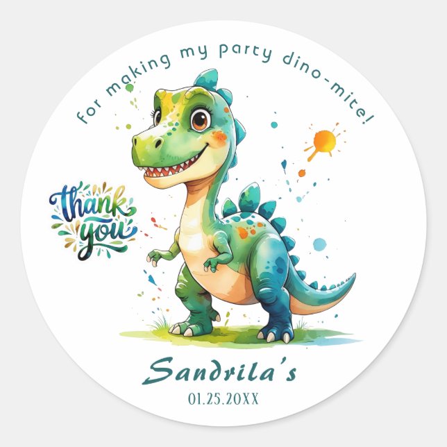 Danke Wasserfarben-Dinosaurier  Runder Aufkleber (Vorderseite)
