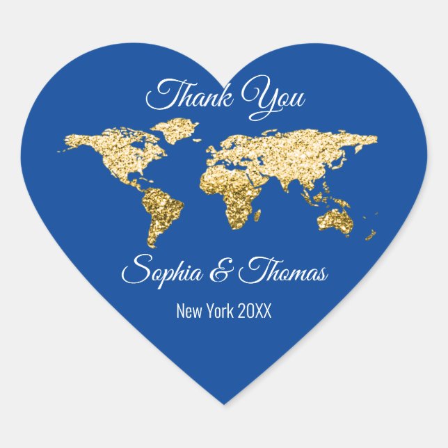 Danke Wedding Golden World Destination Map Royal Herz-Aufkleber (Vorderseite)