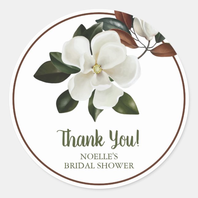 Danke! White Magnolia Blume Brautparty Runder Aufkleber (Vorderseite)