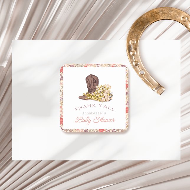 Danke Y'all Cowboy Boot & Bouquet Baby Dusche Quadratischer Aufkleber (Von Creator hochgeladen)