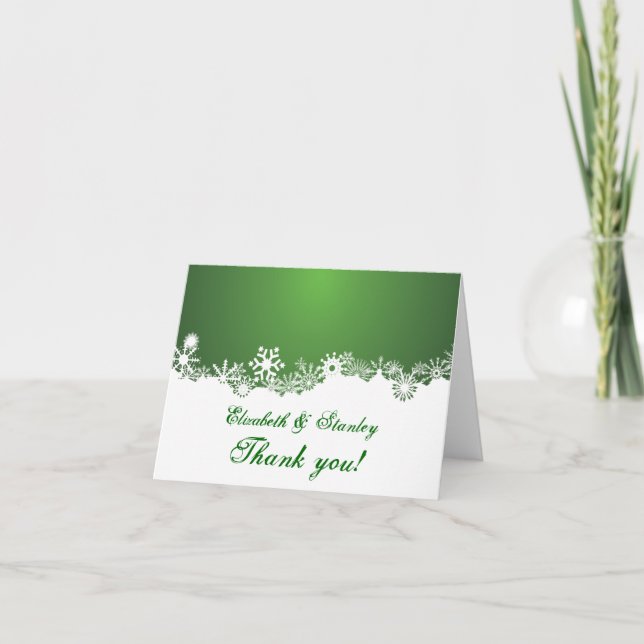 Danken grüne weiße Winterhochzeit der Schneeflocke Dankeskarte (Vorderseite)