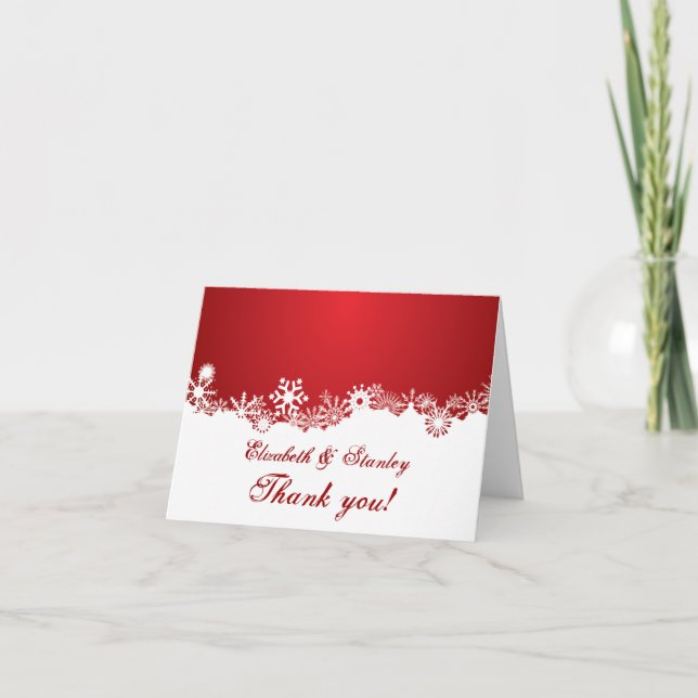 Danken rote weiße Winterhochzeit der Schneeflocke Dankeskarte (Vorderseite)