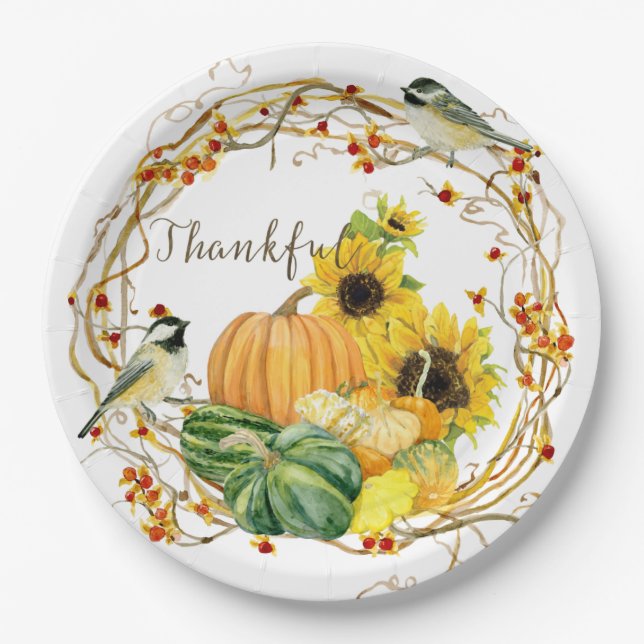 Dankend Sonnenblume Wasserfarbe Herbst Pumpkin Pappteller (Vorderseite)