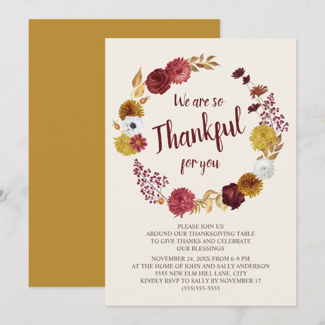 Dankenswerter Erntedank Burgundy Gold Floral Einladung (Vorne/Hinten)