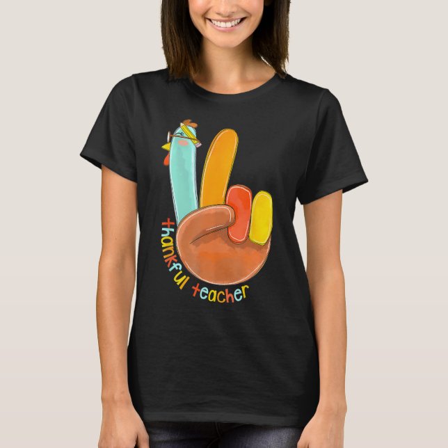 Dankenswerter Lehrer Funny Erntedank Peace Hand Si T-Shirt (Vorderseite)