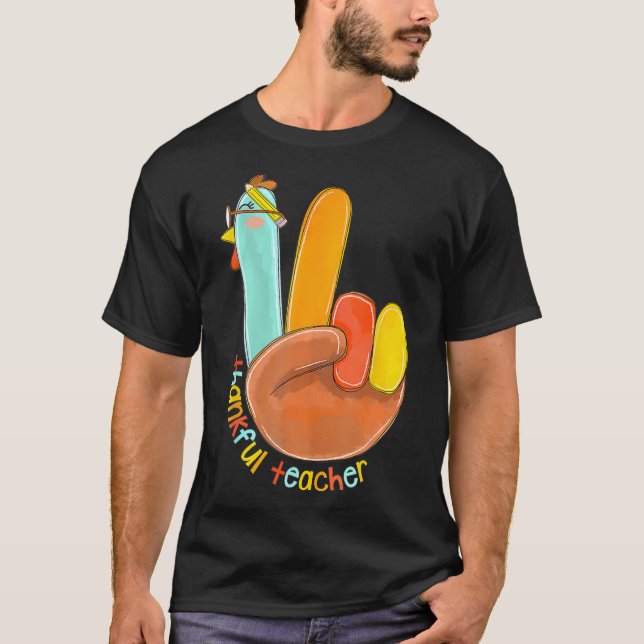 Dankenswerter Lehrer Funny Erntedank Peace Hand Si T-Shirt (Vorderseite)