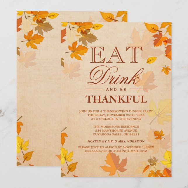 Dankenswertes Herbstleaves Erntedank Dinner Party Einladung (Vorne/Hinten)