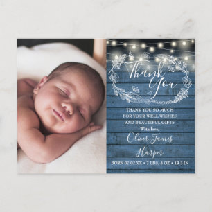 Dankeschön-Foto für Babygeburt mit blauen Holz-Lic Ankündigungspostkarte