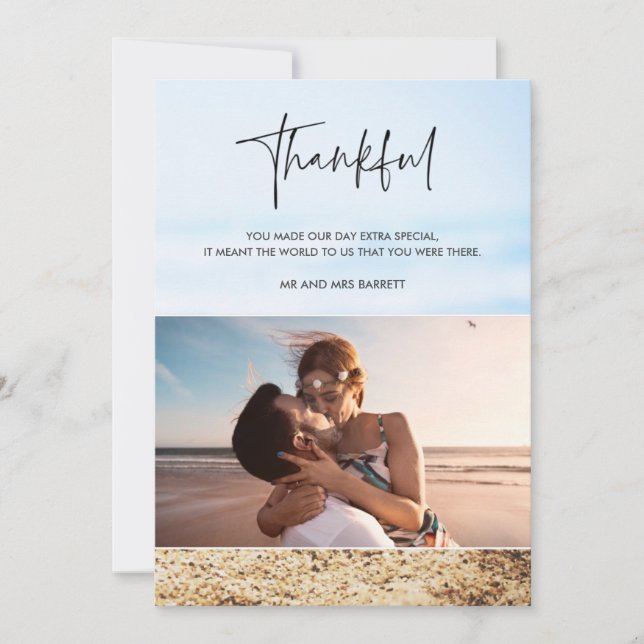 Dankeschön Foto für Hochzeiten am Strand Dankeskarte (Vorderseite)