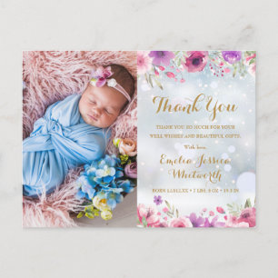 Dankeschön für Baby-Foto Florales Winter-Schnee Ge Ankündigungspostkarte