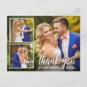 Dankeschön für Kalligrafie-Hochzeit mit 3-Foto-Col Postkarte