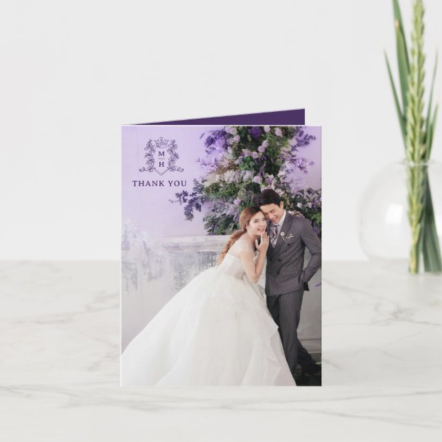 Dankeschön für lila Foto Kronmonogramm Dankeskarte (Vorderseite)