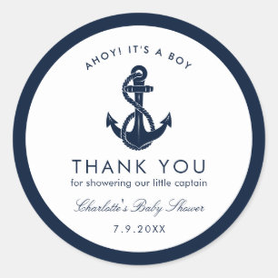 Dankeschön für Navy-Blue-Anker-nautische Babyparty Runder Aufkleber