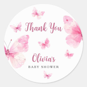 Dankeschön für rosa Schmetterlings-Baby-Party Runder Aufkleber