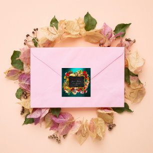 Dankeschön Geschenk Etikett Gold Türkis Grün Rosen Quadratischer Aufkleber