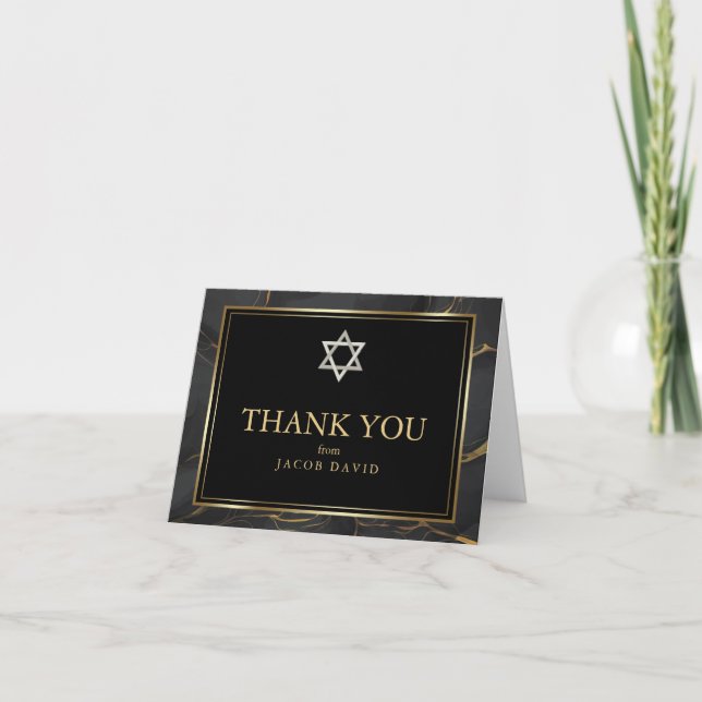 Dankeschön| Modern Black Gold Marbella Bar Mitzvah Einladung (Vorderseite)