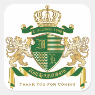 Dankeschön-Monogramm-Wappen Grün Gold Löwe Quadratischer Aufkleber