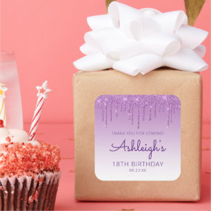 Dankeschön-Party zum 18. Geburtstag mit lila Glitt Quadratischer Aufkleber