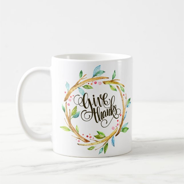 Dankeschön-Typografie mit Holzblätterkranz Kaffeetasse (Links)