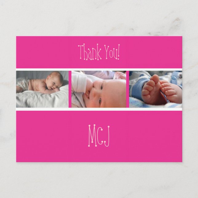 Dankeschön von Baby Monogram/Fotos Ankündigungspostkarte (Vorderseite)