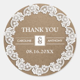 Dankeschön. White Lace Kraft Paper Wedding Runder Aufkleber