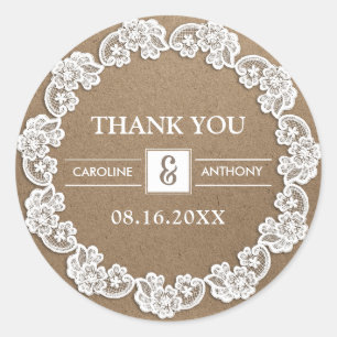 Dankeschön. White Lace Kraft Paper Wedding Runder Aufkleber