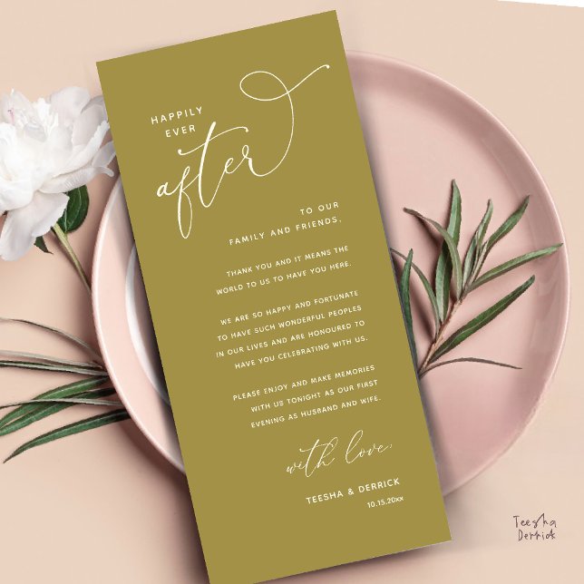 Dankeskarten für das Hochzeitsdinner 'Für immer gl Programm (Welcome and Thanks, Happily Ever After Modern Wedding Dinner Thank You Card in Classy Yellow Gold)