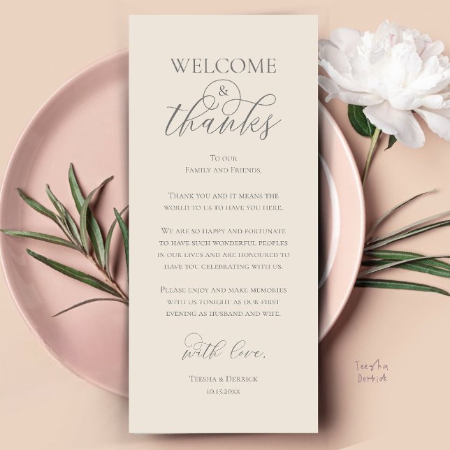 Dankeskarten für das Willkommens- und Dankes-Empfa Programm (Welcome and Thanks Reception Dinner Thank You Card in Cream and Grey)