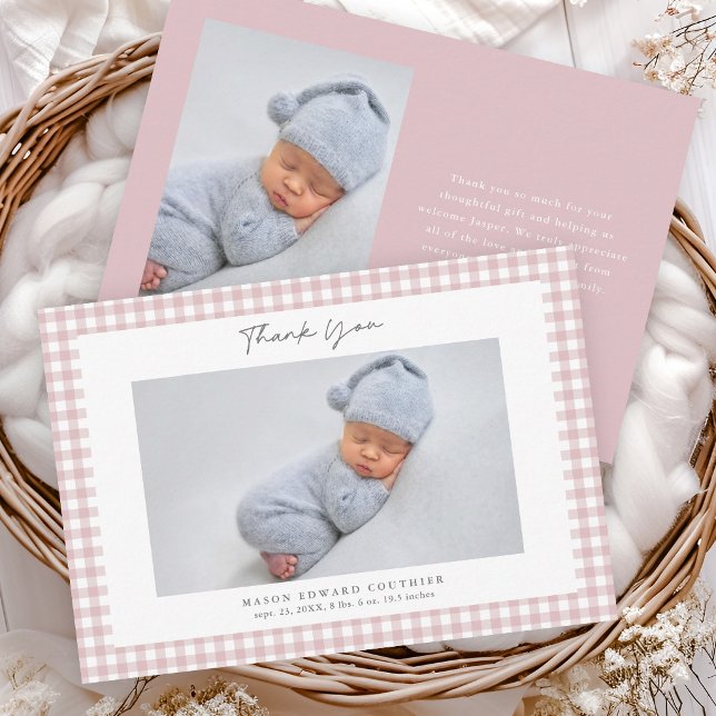 Dankeskarten für Mädchen mit rosa Gingham-Muster-F Dankeskarte (Pink Gingham Check Baby Boys Photo Thank You Note Cards.)