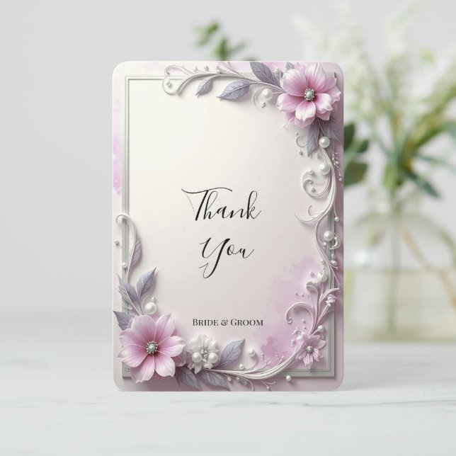 Dankeskarten mit rosa Blumenrahmen Dankeskarte (Stehend Vorderseite)