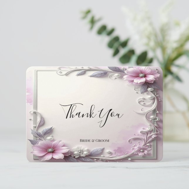 Dankeskarten mit rosa Blumenrahmen Dankeskarte (Stehend Vorderseite)