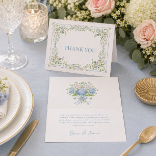Dankeskarten mit Vintage-Botanik-Blumen in Blau Einladung
