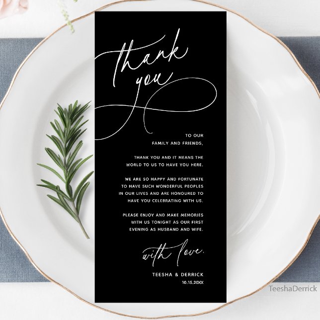 Dankeskarten-Tisch Elegante Hochzeitsempfangskarte Programm (Wedding Table Thank You Elegant Reception Dinner Card in black and white)