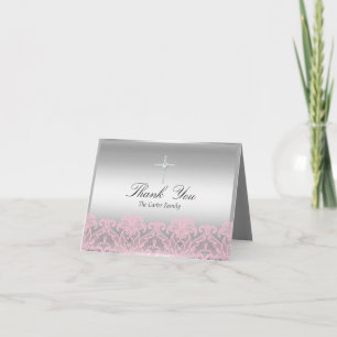 Dankeskarten zur Taufe mit rosa Spitze und Kreuz Dankeskarte