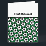 DANKS COACH Fußball Balls Green Schwarz-weiß Karte<br><div class="desc">VIELEN DANK AN COACH aus Fußball-Team, Spieler oder Eltern. Fußball Balls in Schwarz & Weiß auf Grün. Text, Textfarbe leicht zu personalisieren, um Ihre eigenen Coach-Informationen. So eine nette Art, um am Ende der Saison eine Wertschätzung zu zeigen. Karo alle Mix & Match Team Spirit / Sports Kollektionen von TMCdesigns....</div>