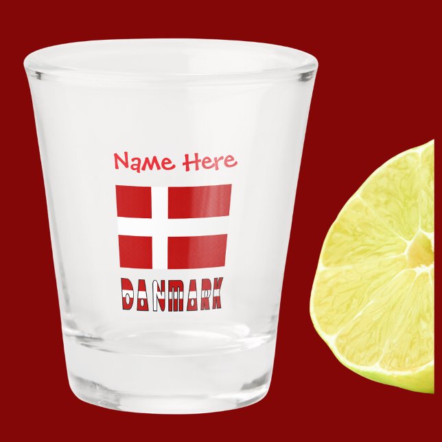 Danmark Dannebrog Red Personalization Schnapsglas (Shot glass has Danish flag and the word DANMARK below. Add a name above in red text.)