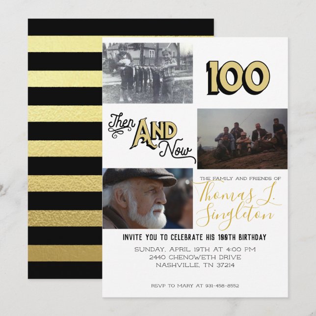 Dann & Jetzt FotoCollage | 100. Geburtstag Einladung (Vorne/Hinten)
