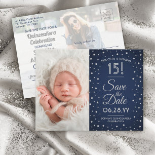 Dann & Jetzt Fotos Quinceañera Save the Date blau Einladungspostkarte