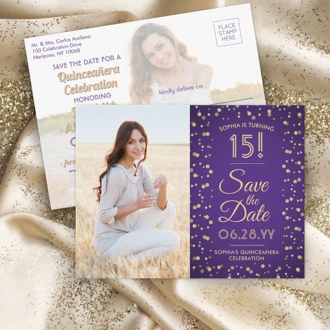Dann & Jetzt Fotos Quinceañera Save the Date Lila Einladungspostkarte (Von Creator hochgeladen)